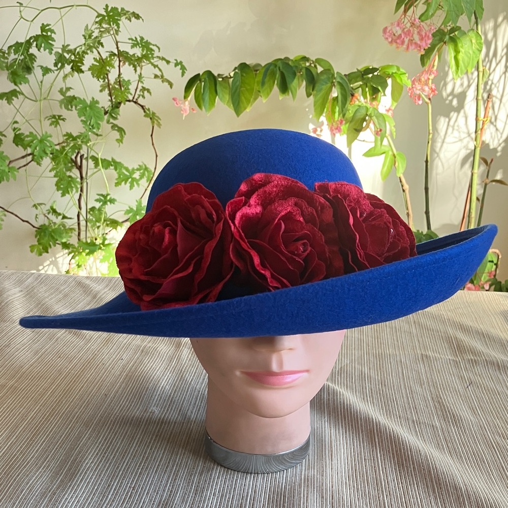 Elegant Royal Blue Wool Hat with Red Velvet Floral Accents